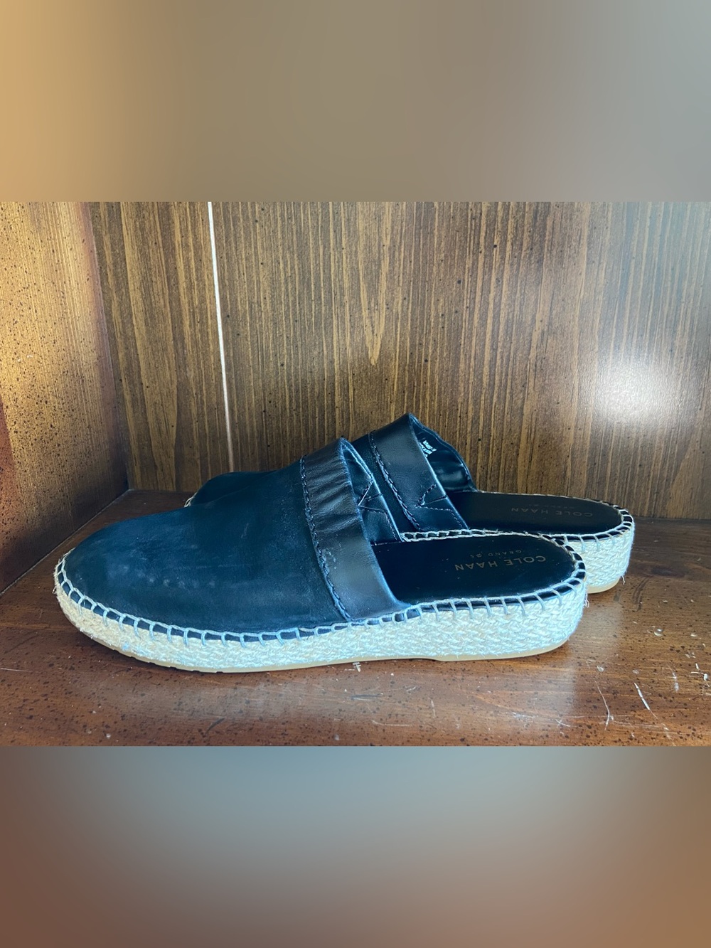 Womens 7b Cole Haan Black Leather Espadrille Slip-On Mules Loafer Suede Pinch